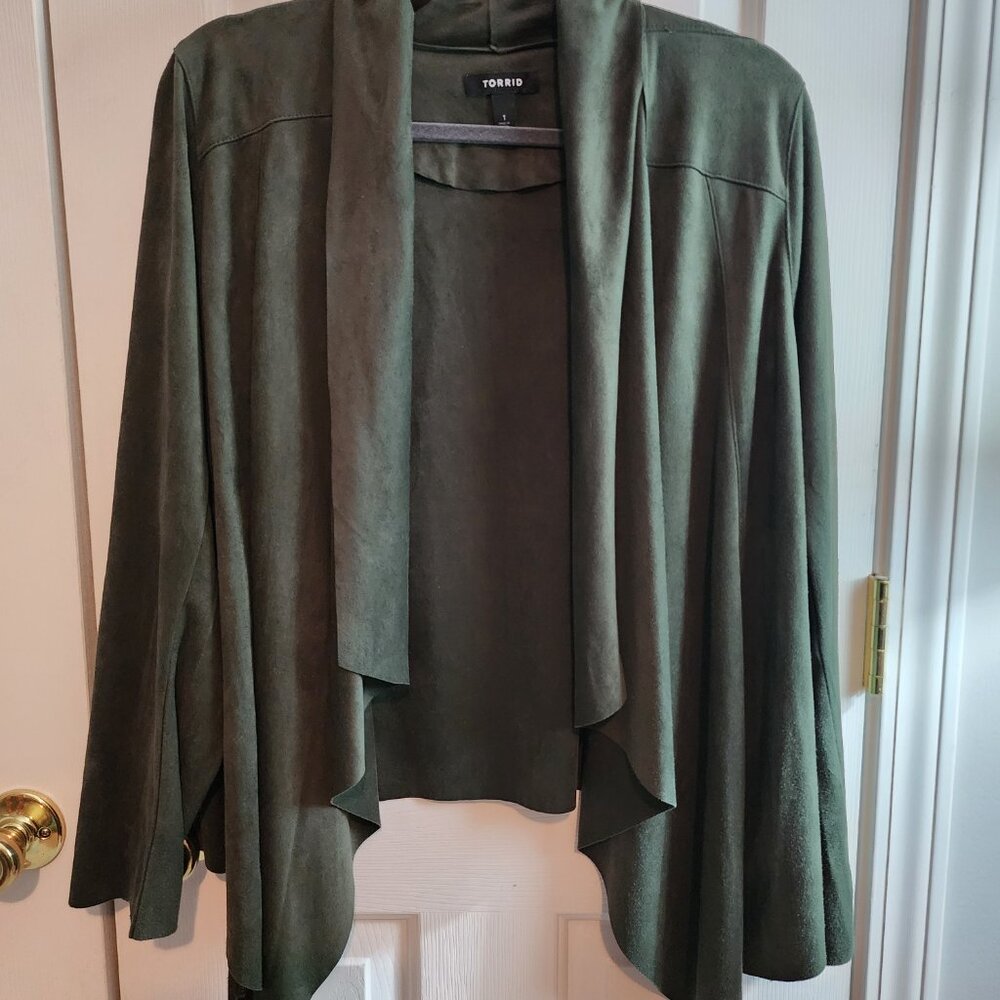 TORRID Fall Green Soft Faux Suede Drape Front Jacket Size 1 - Picture 3 of 7